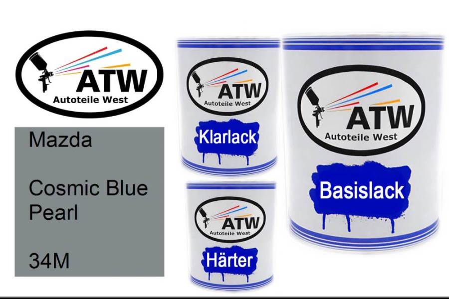 Mazda, Cosmic Blue Pearl, 34M: 1L Lackdose + 1L Klarlack + 500ml Härter - Set, von ATW Autoteile West.